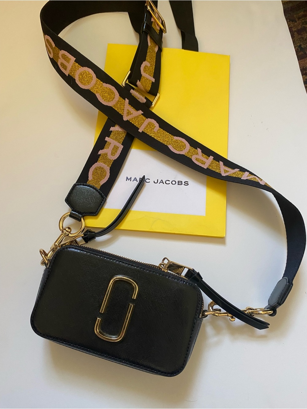 Marc Jacobs The Snapshot Black & Cream Multi Camera Bag w Pink Gold Logo Strap